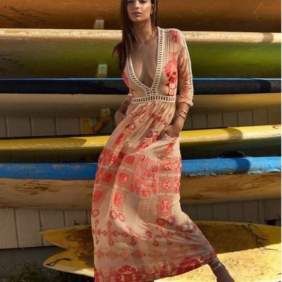 For Love & Lemons sz L Barcelona Maxi Dress Long Sleeves Creme - Picture 13 of 13